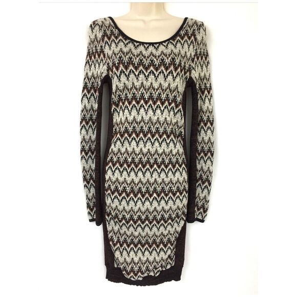 Free People Sweater Dress Large Women Brown Cozy Cabin Chevron Stripe Scoop Neck - Picture 1 of 6